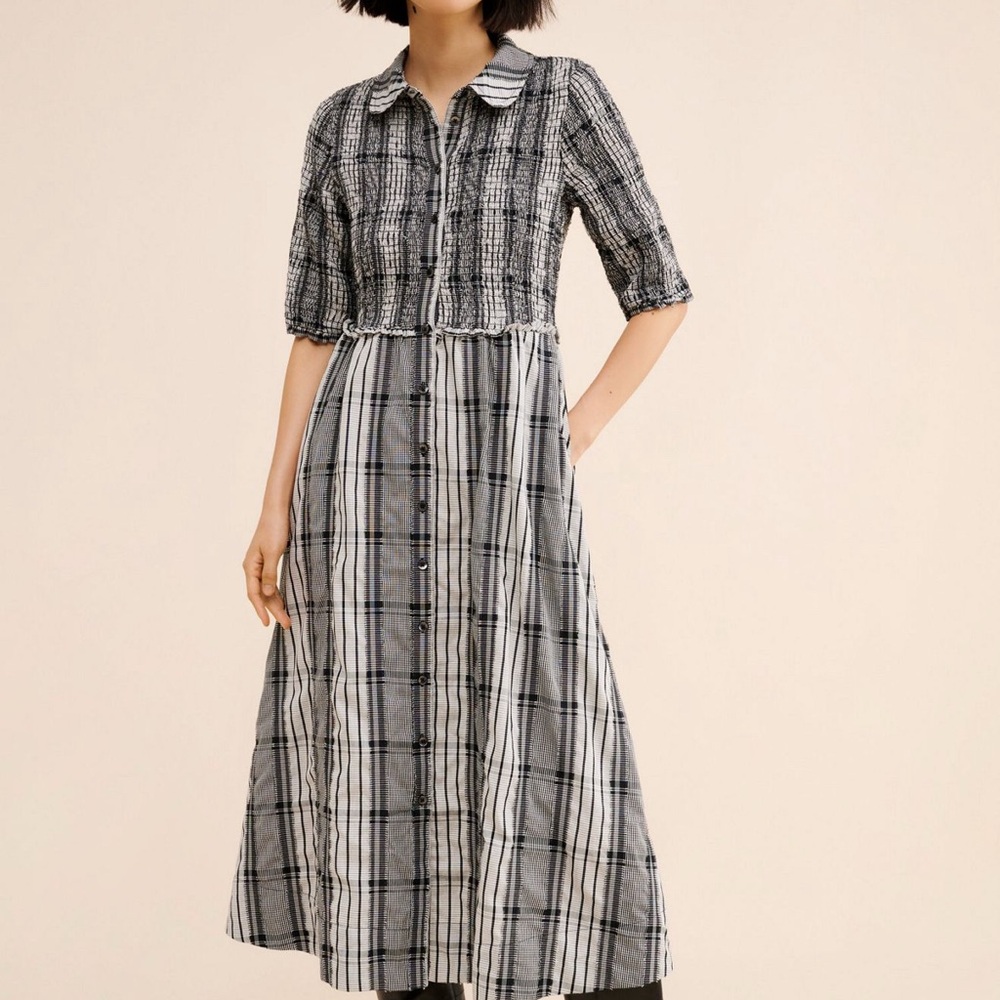 Maeve Black & White plaid smocked & collared dress - petite large